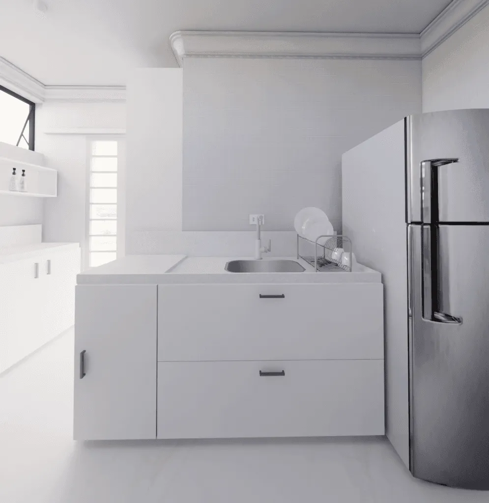 Trecho da bancada da cuba, com escorredor de louça, armários suspensos e geladeira de inox à direita.